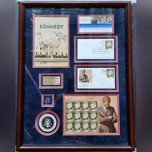 John F. Kennedy Framed Collection w/ Newspaper Clipping of Assassination & Pins